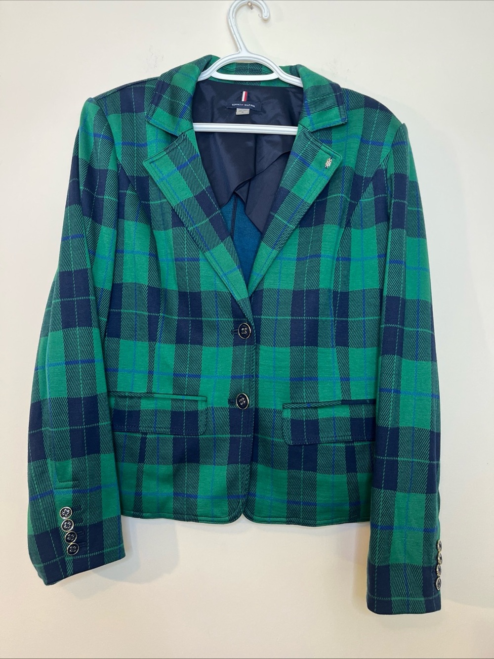 Women’s Tommy Hilfiger Blue Green Plaid Button Up Blazer Size 16 Preppy Academia